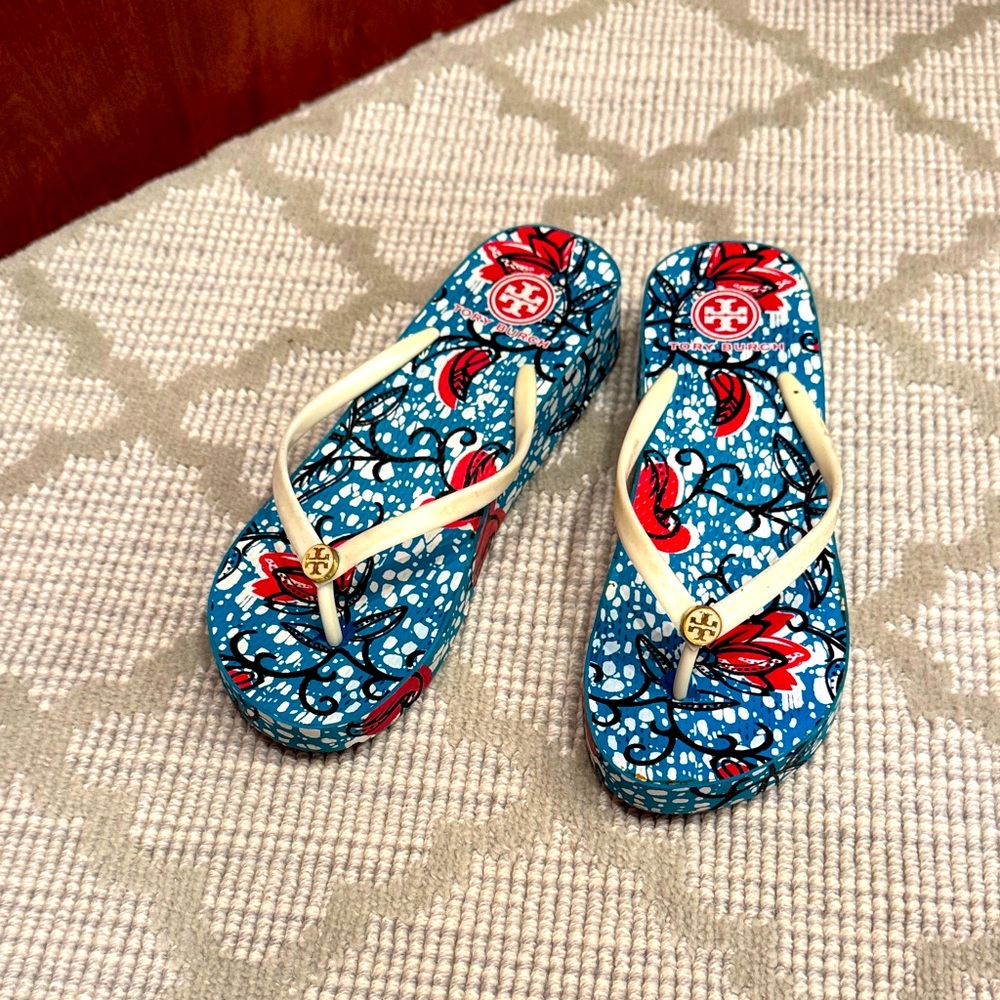 Tory Burch Red and Blue Floral Flip Flops